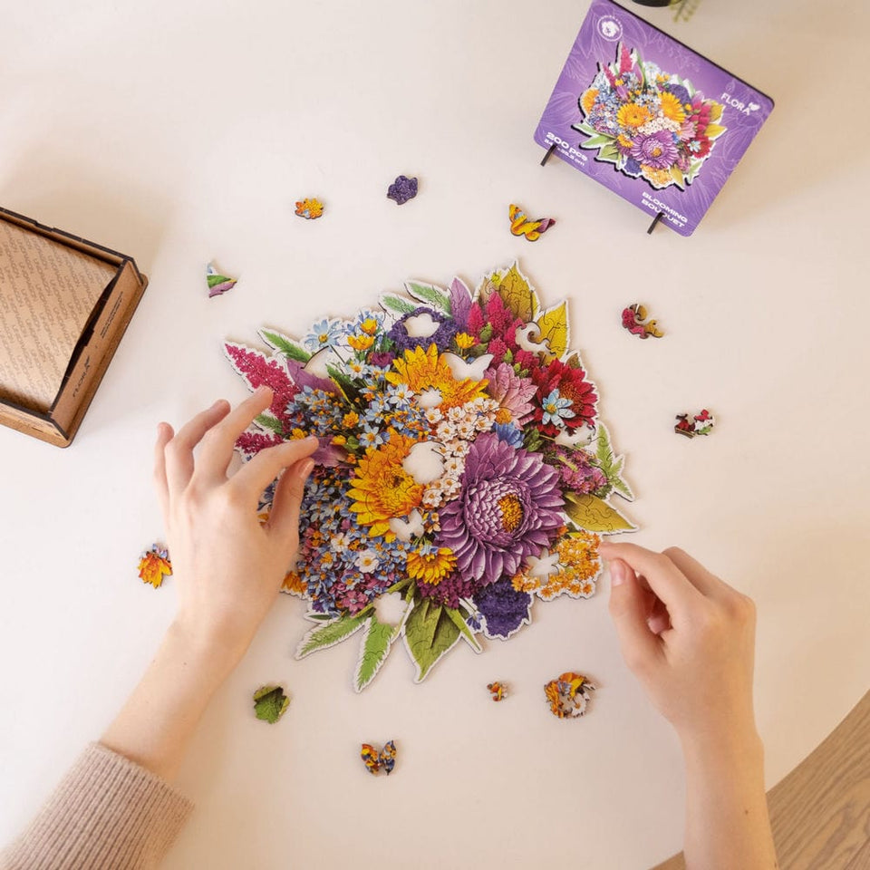 Blooming Bouquet wooden puzzle — close-up of HDF wooden puzzle pieces