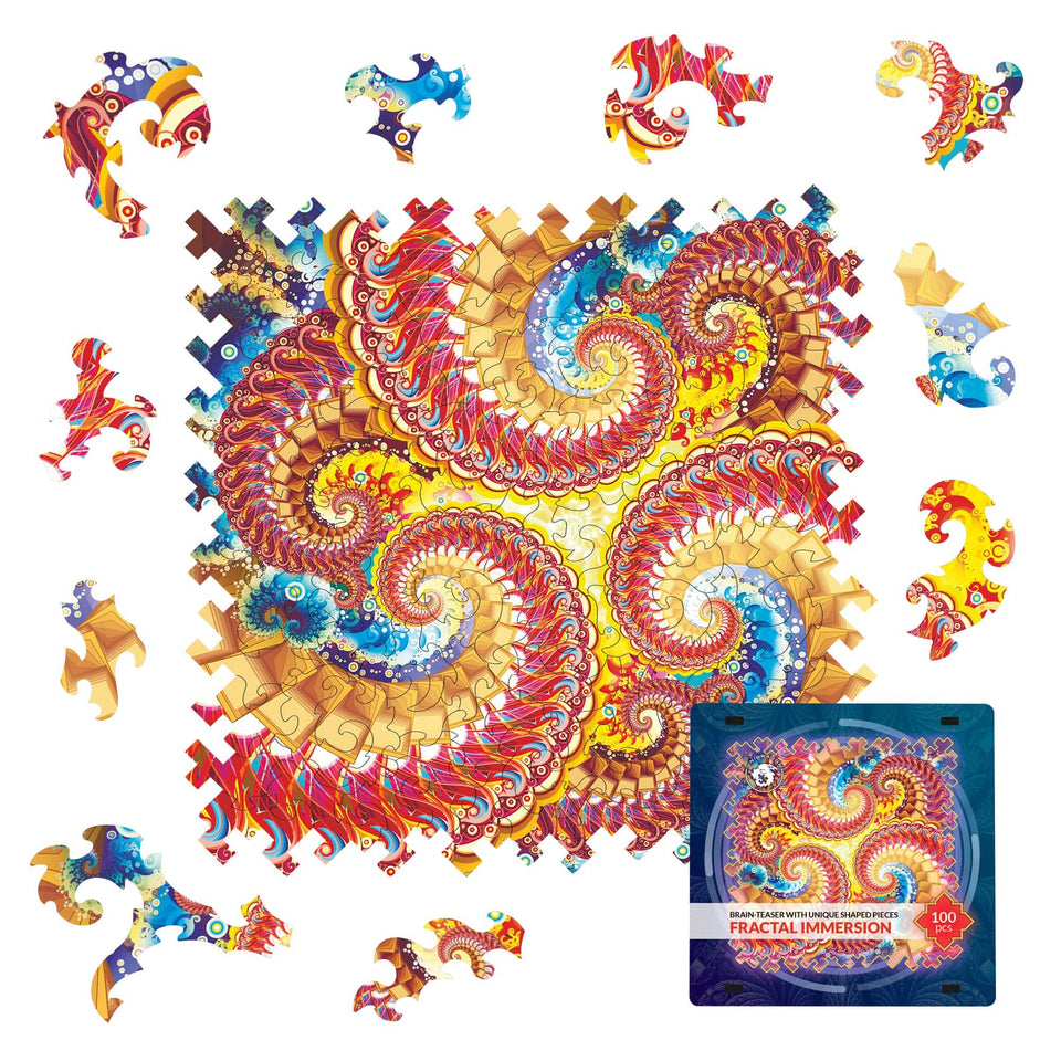 Fractal Immersion wooden brain teaser puzzle — front view with vivid artwork