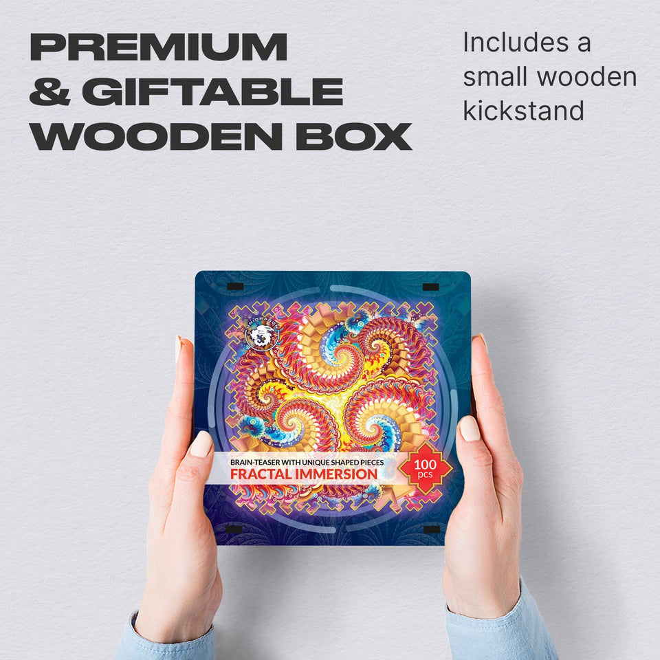 Fractal Immersion wooden brain teaser puzzle — hand holding wooden puzzle piece detail