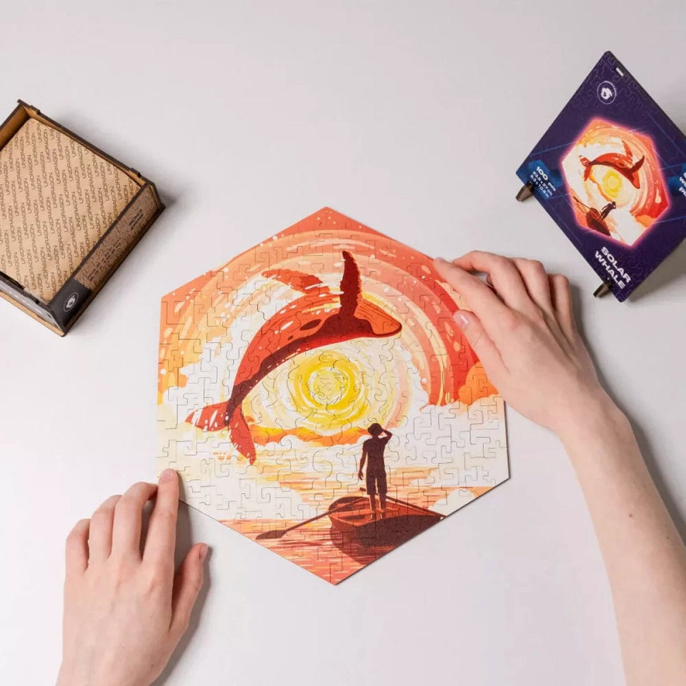 Solar Whale wooden brain teaser puzzle — size dimensions and comparison