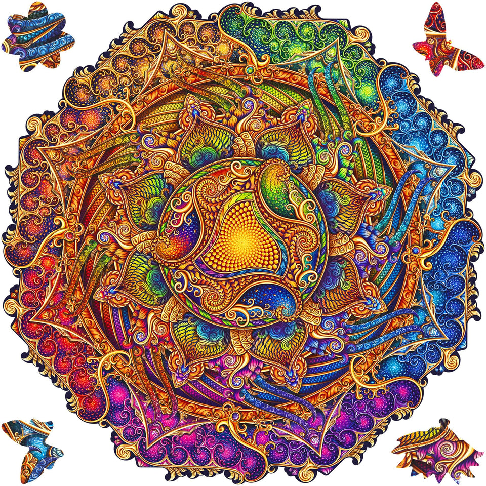 Mandala Inexhaustible Abundance mandala wooden puzzle — front view with vivid artwork