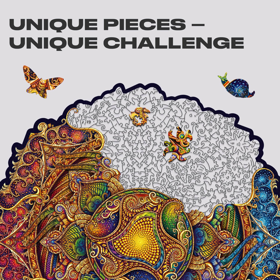 Mandala Inexhaustible Abundance mandala wooden puzzle — hand holding wooden puzzle piece detail