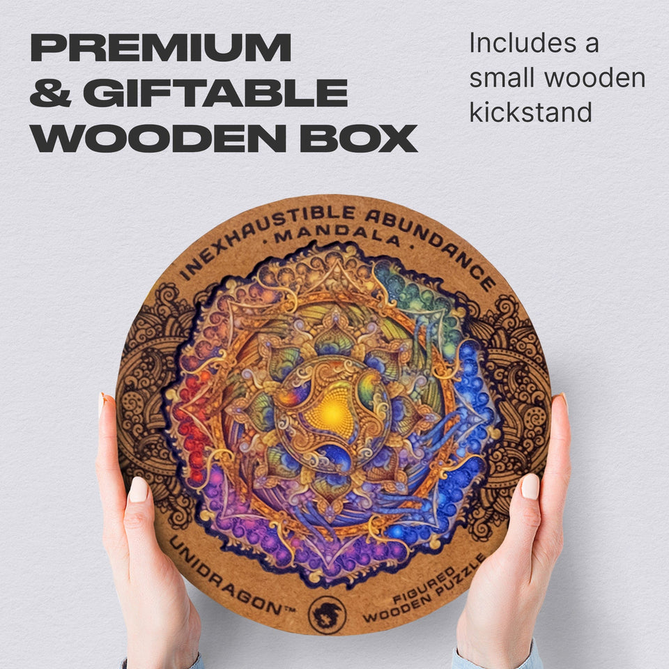 Mandala Inexhaustible Abundance mandala wooden puzzle — finished puzzle assembled on table