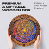 Mandala Inexhaustible Abundance mandala wooden puzzle — finished puzzle assembled on table