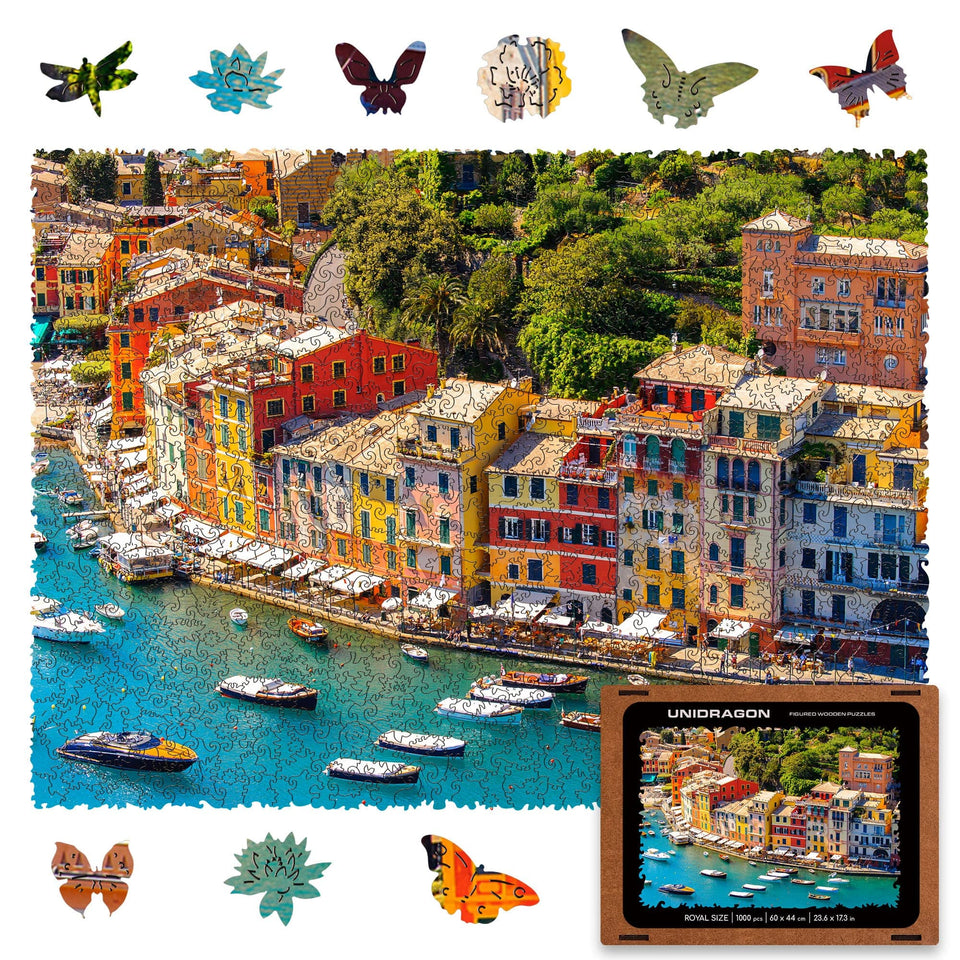 WOOSAIC Italian Riviera Limited Edition wooden travel puzzle — front view with vivid artwork
