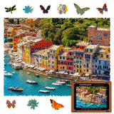 WOOSAIC Italian Riviera Limited Edition wooden travel puzzle — front view with vivid artwork