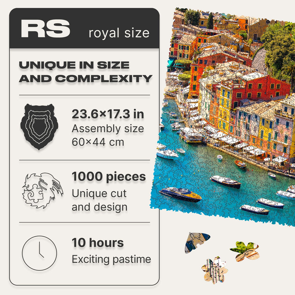 WOOSAIC Italian Riviera Limited Edition wooden travel puzzle — finished puzzle assembled on table