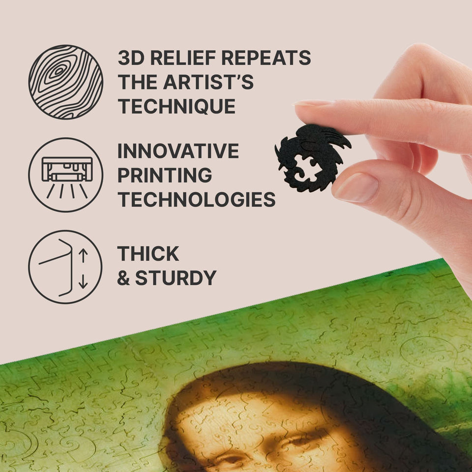 Mona Lisa wooden art puzzle — puzzle pieces showing laser-cut shapes