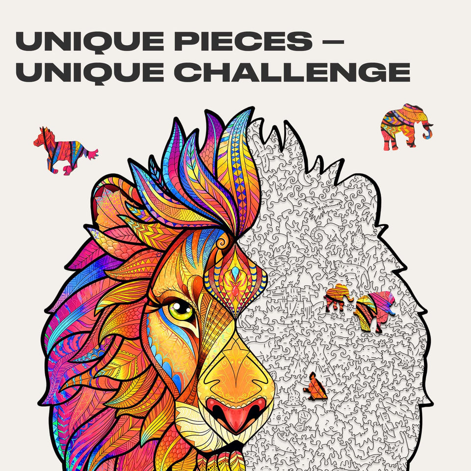Mysterious Lion wooden jigsaw puzzle for adults with animal-shaped pieces — close-up of wooden animal-shaped puzzle pieces
