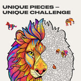 Mysterious Lion wooden jigsaw puzzle for adults with animal-shaped pieces — close-up of wooden animal-shaped puzzle pieces