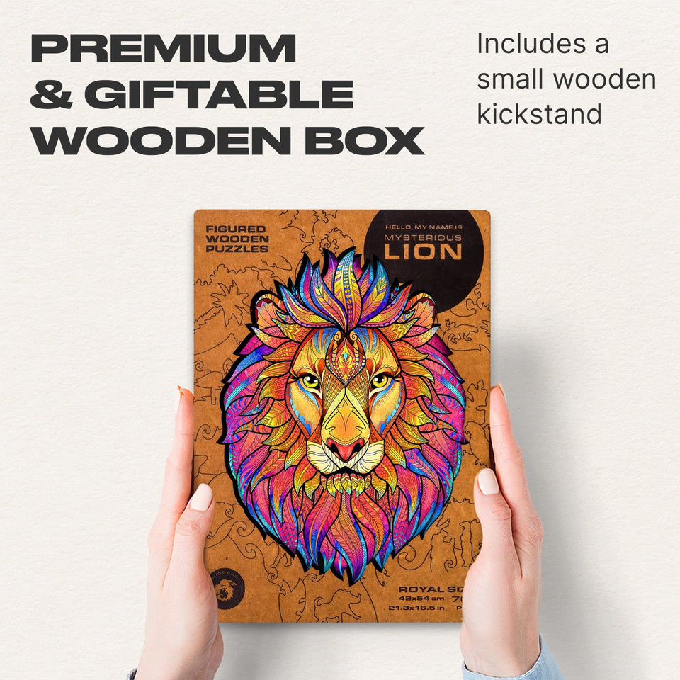 Mysterious Lion wooden jigsaw puzzle for adults with animal-shaped pieces — puzzle pieces spread out showing unique shapes
