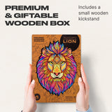 Mysterious Lion wooden jigsaw puzzle for adults with animal-shaped pieces — puzzle pieces spread out showing unique shapes