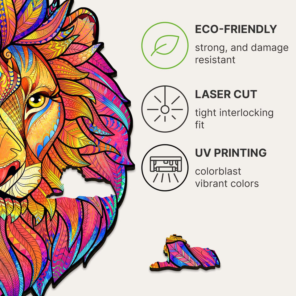 Mysterious Lion wooden jigsaw puzzle for adults with animal-shaped pieces — hand holding wooden puzzle piece showing detail