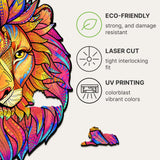 Mysterious Lion wooden jigsaw puzzle for adults with animal-shaped pieces — hand holding wooden puzzle piece showing detail