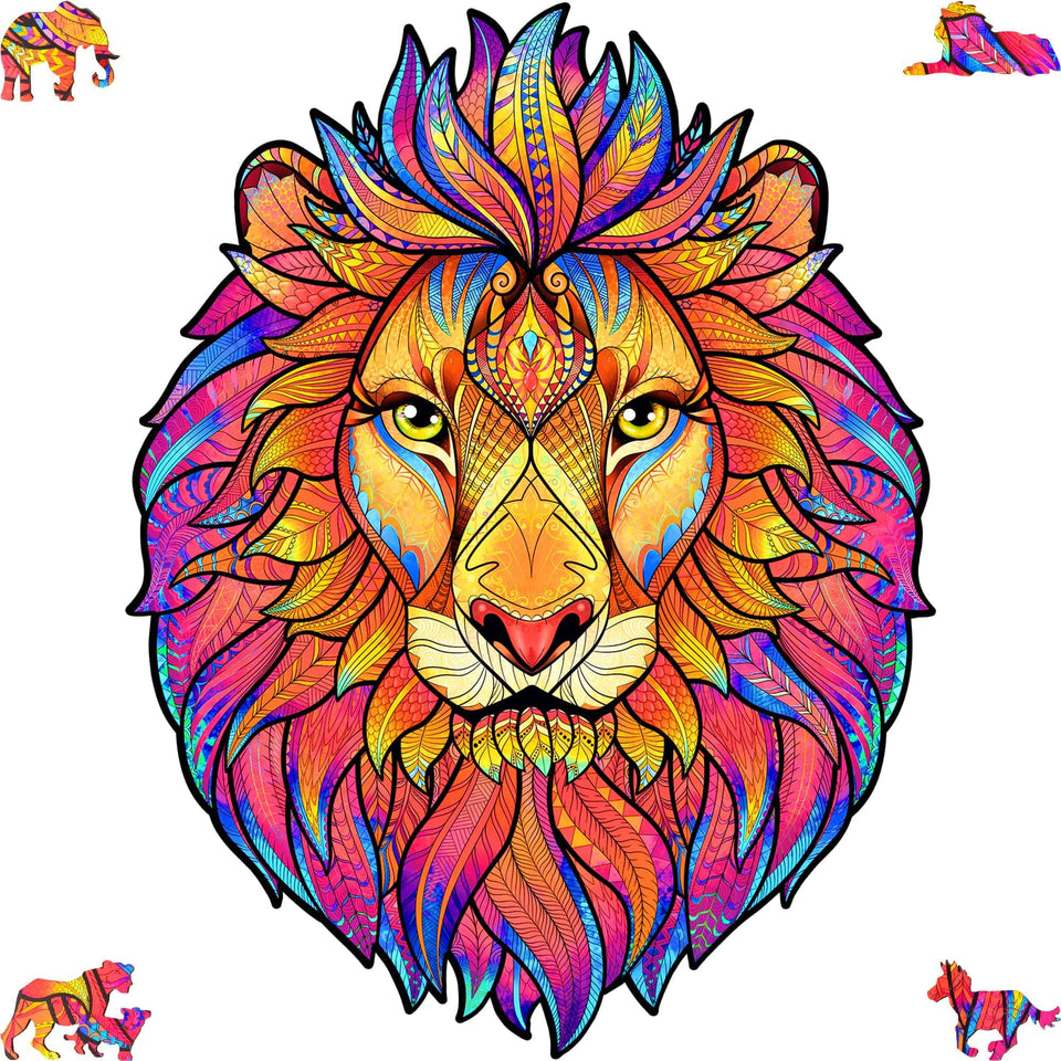 Mysterious Lion wooden jigsaw puzzle for adults with animal-shaped pieces — front view showing vivid artwork