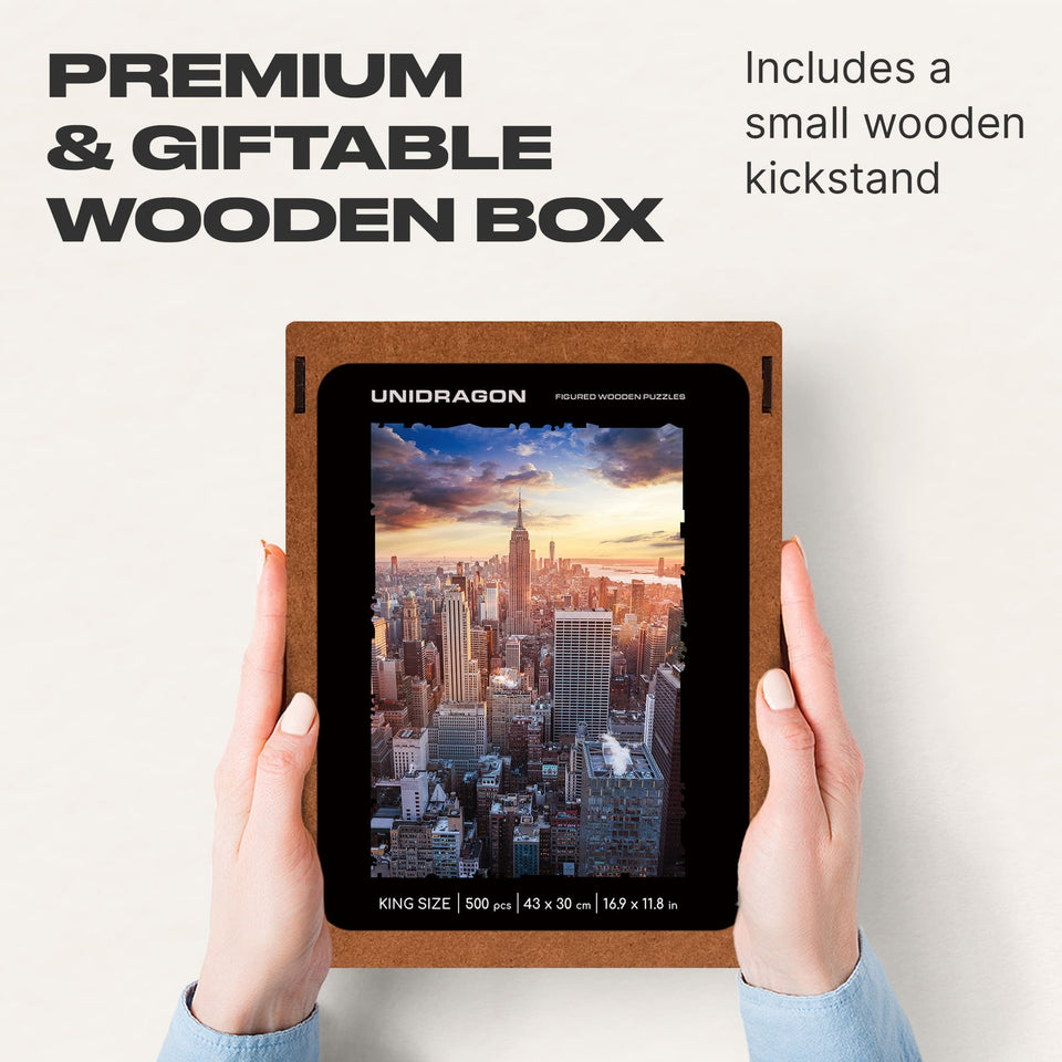 New York City wooden travel puzzle — puzzle pieces showing laser-cut shapes