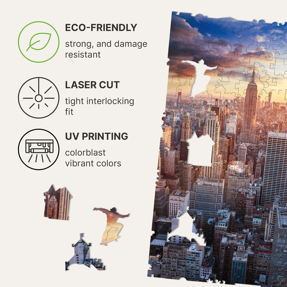New York City wooden travel puzzle — hand holding wooden puzzle piece detail