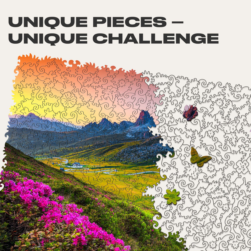 Mountain wooden travel puzzle — close-up of HDF wooden puzzle pieces