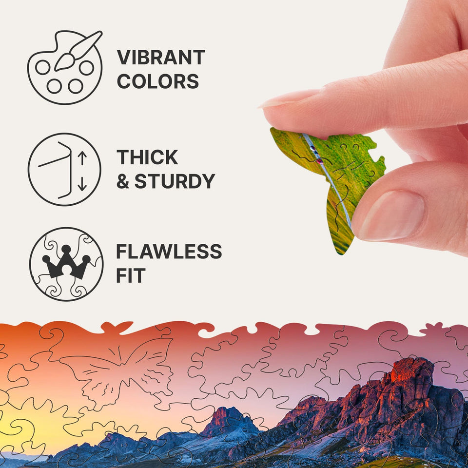 Mountain wooden travel puzzle — finished puzzle assembled on table