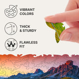 Mountain wooden travel puzzle — finished puzzle assembled on table