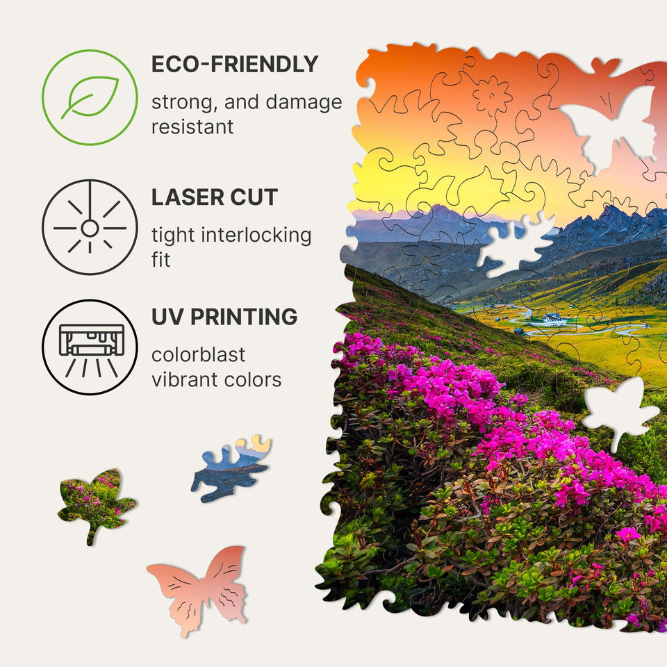Mountain wooden travel puzzle — hand holding wooden puzzle piece detail