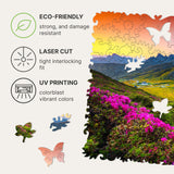Mountain wooden travel puzzle — hand holding wooden puzzle piece detail