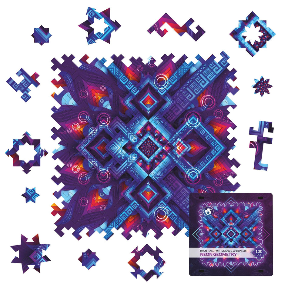 Neon Geometry wooden brain teaser puzzle — front view with vivid artwork