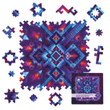 Neon Geometry wooden brain teaser puzzle — front view with vivid artwork