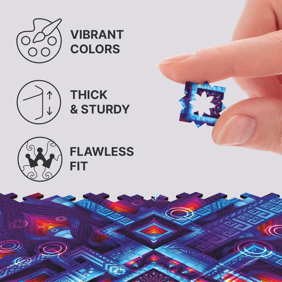 Neon Geometry wooden brain teaser puzzle — designer gift box and packaging