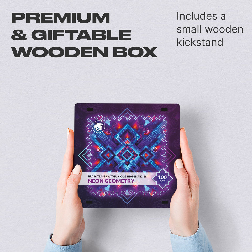 Neon Geometry wooden brain teaser puzzle — hand holding wooden puzzle piece detail
