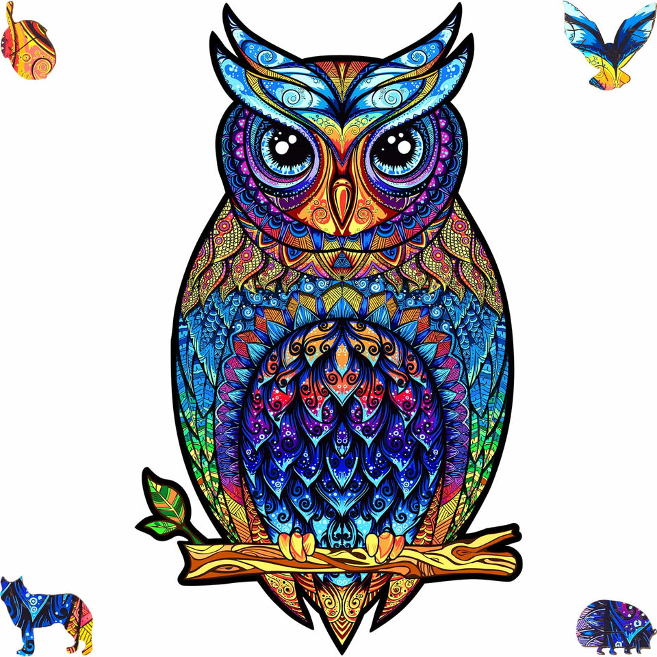 Charming Owl wooden jigsaw puzzle with hidden animal-shaped deer, fox and hedgehog pieces — front view showing vivid artwork