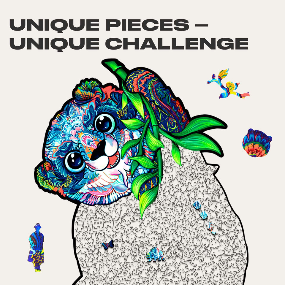Serious Panda wooden puzzle — close-up of HDF wooden puzzle pieces