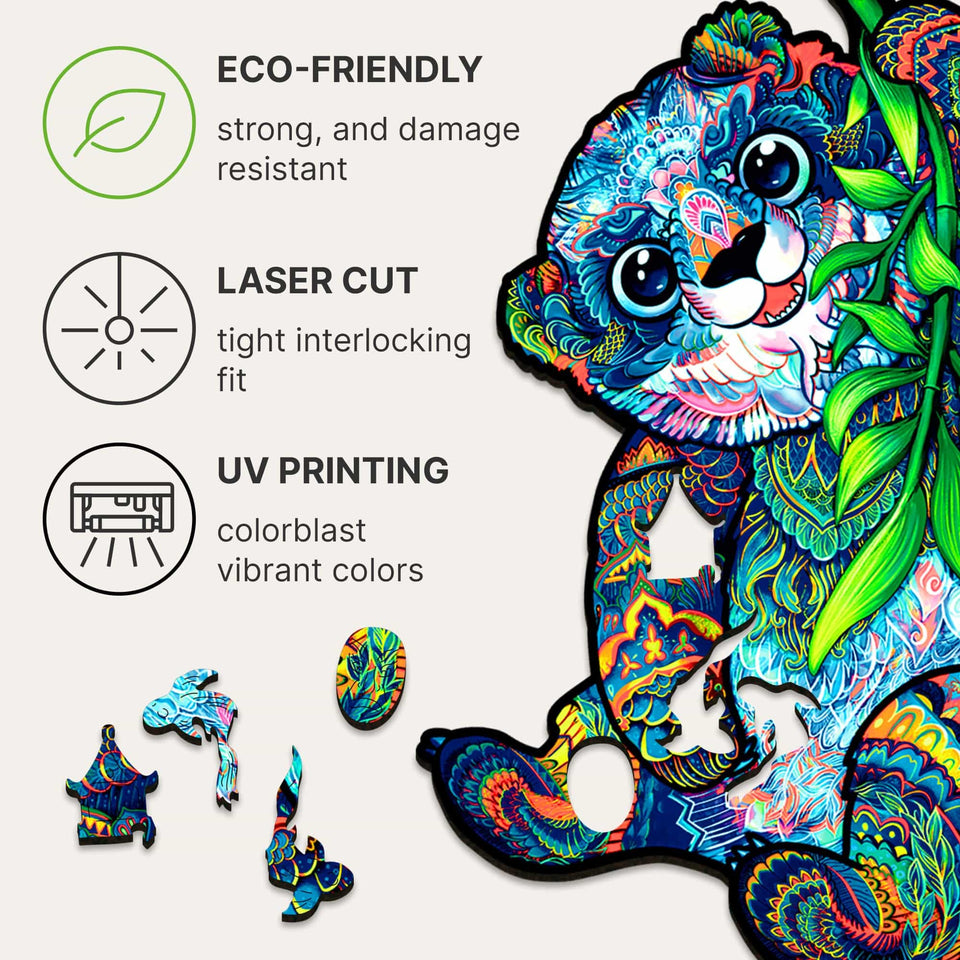 Serious Panda wooden puzzle — hand holding wooden puzzle piece detail