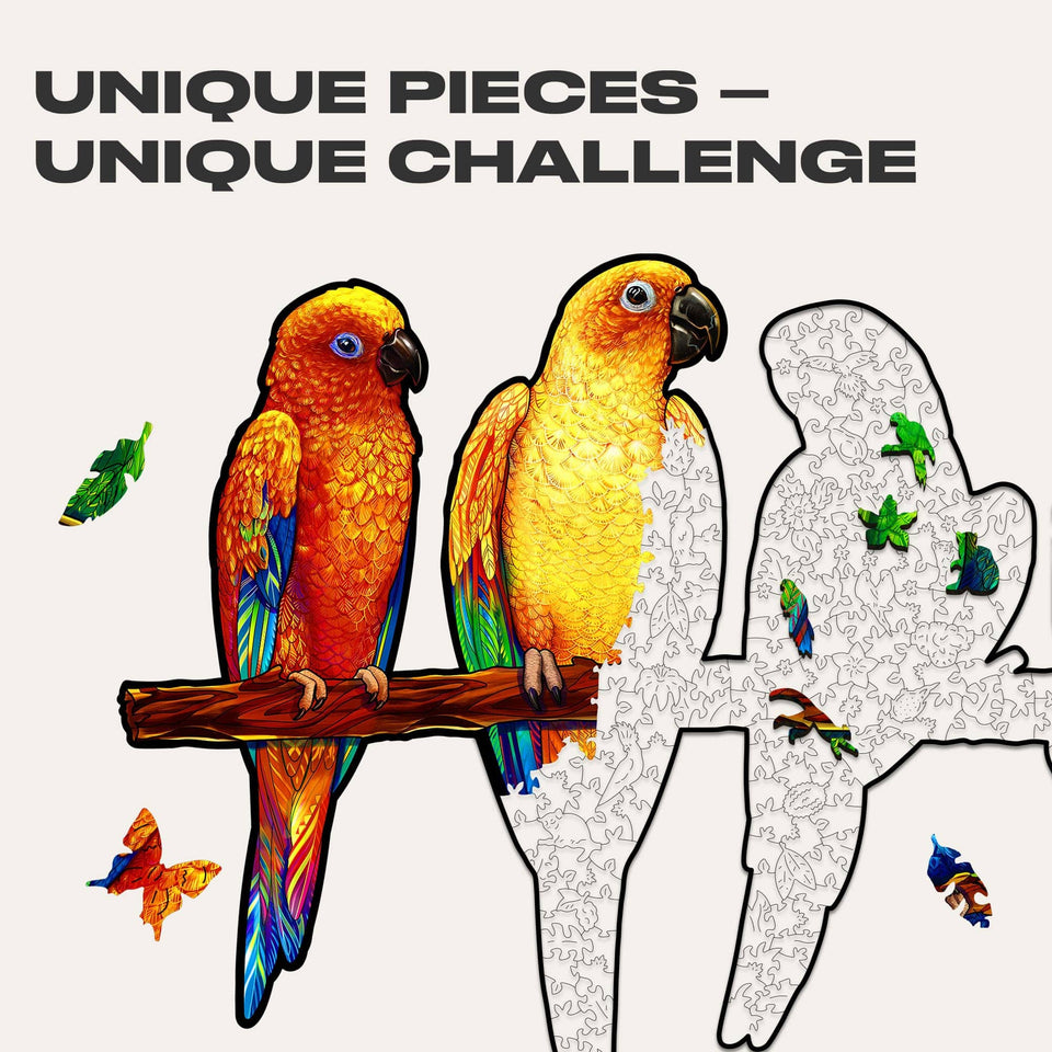 Playful Parrots 5 in 1 wooden puzzle — close-up of HDF wooden puzzle pieces