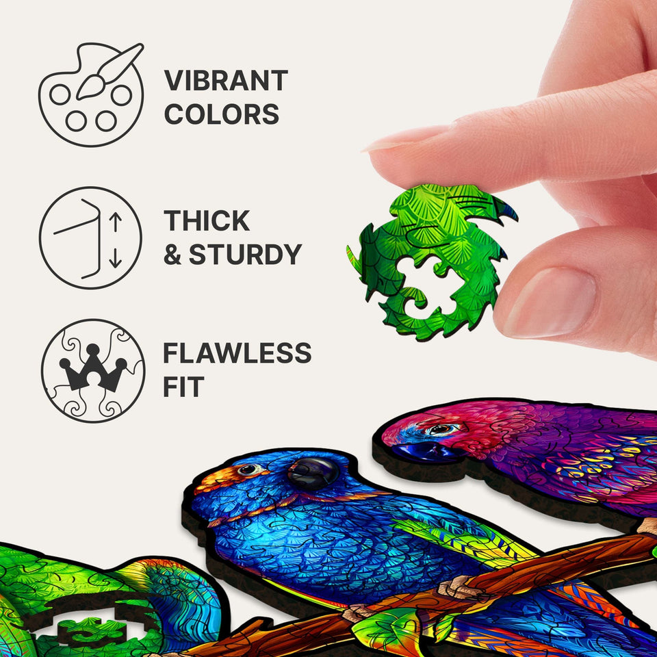 Playful Parrots 5 in 1 wooden puzzle — finished puzzle assembled on table