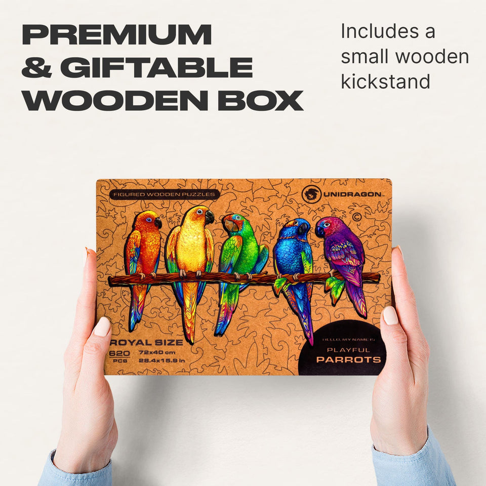 Playful Parrots 5 in 1 wooden puzzle — puzzle pieces showing laser-cut shapes