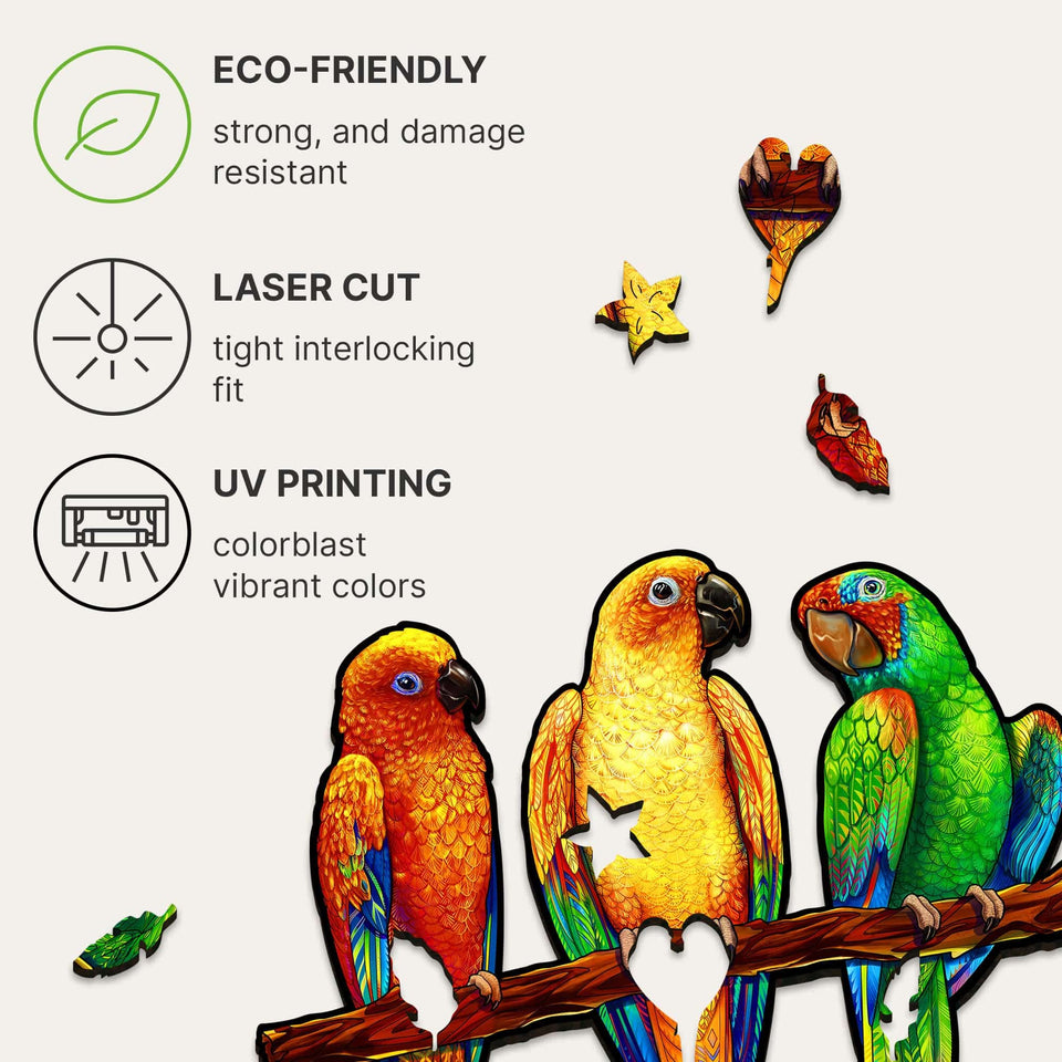 Playful Parrots 5 in 1 wooden puzzle — hand holding wooden puzzle piece detail