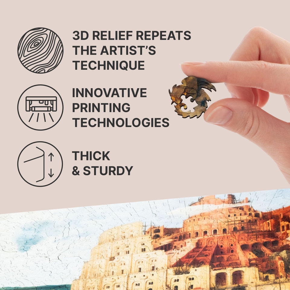 Tower of Babel wooden art puzzle — puzzle pieces showing laser-cut shapes