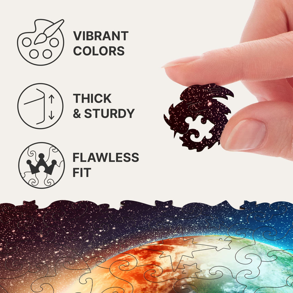 WOOSAIC Planet Earth Limited Edition wooden map puzzle — finished puzzle assembled on table