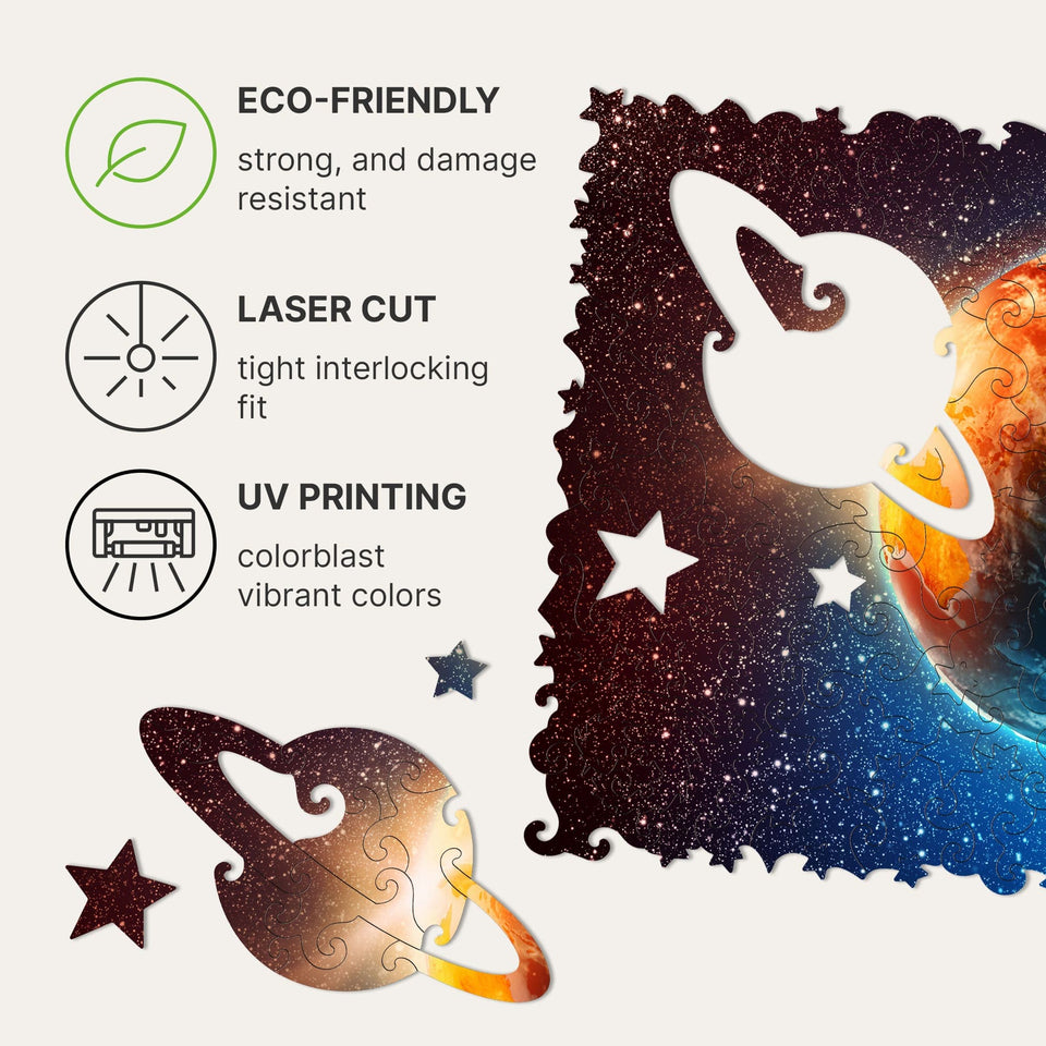 Planet Earth wooden map puzzle — hand holding wooden puzzle piece detail