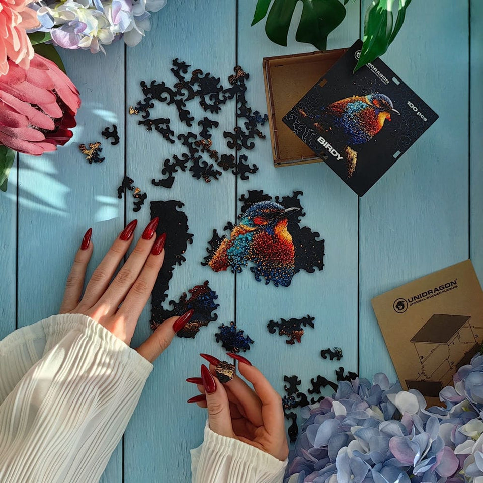 Birdy Jigsaw Puzzle wooden puzzle — close-up of HDF wooden puzzle pieces