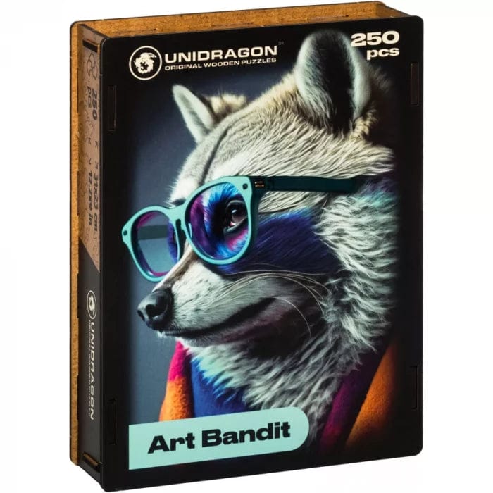 Raccoon Bandit wooden art puzzle — hand holding wooden puzzle piece detail