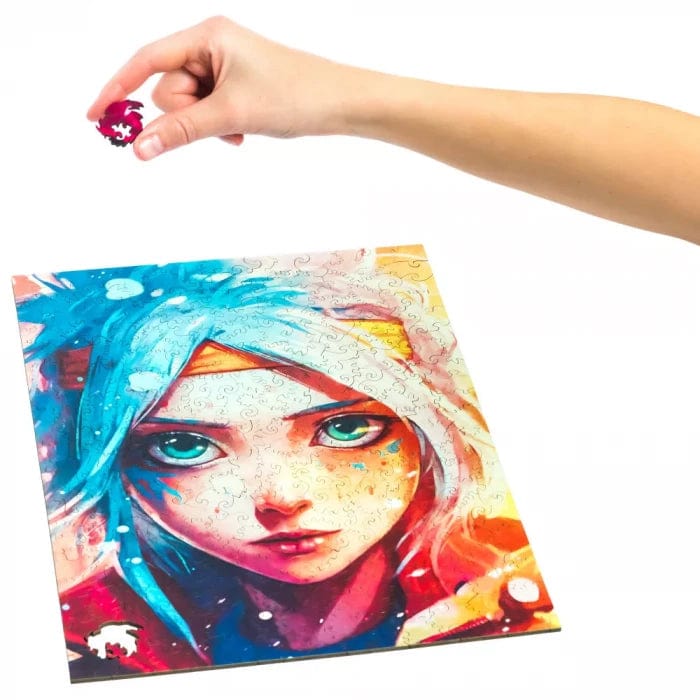 Hanako Chan wooden puzzle — hand holding wooden puzzle piece detail