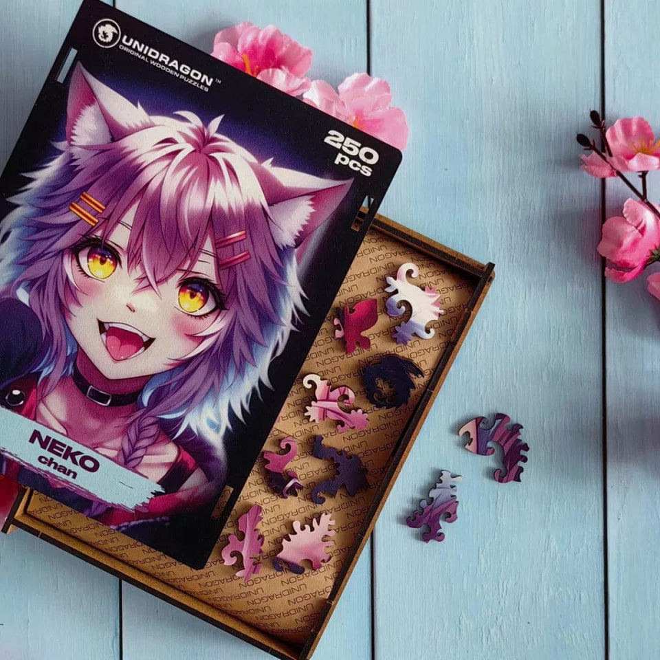 Neko Chan wooden puzzle — premium HDF laser-cut puzzle close-up
