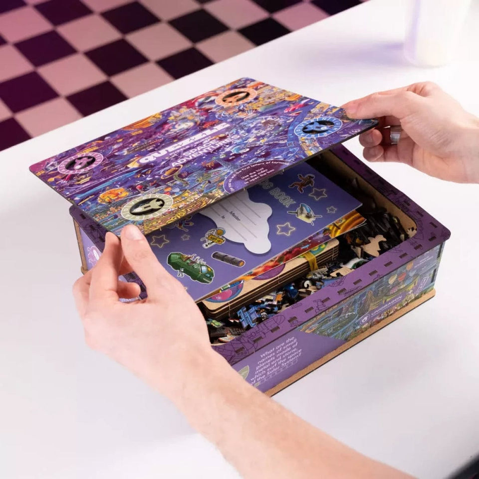 Quezzle Space Adventures Quezzle wooden quest puzzle — front view with vivid artwork