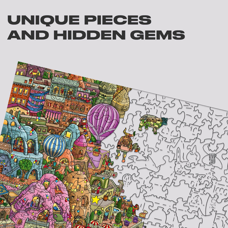 Quezzle Amazing Cappadocia — wooden puzzle pieces and game board layout