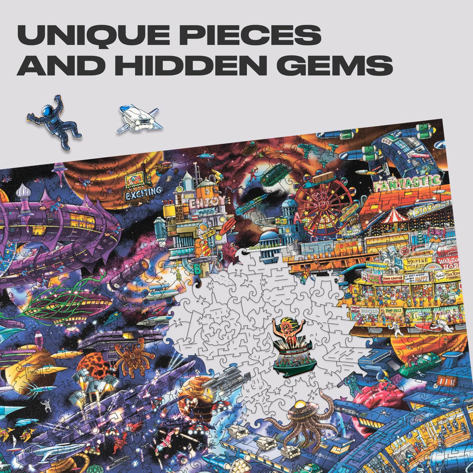 Quezzle Space Adventures — wooden puzzle pieces with rocket and planet shapes