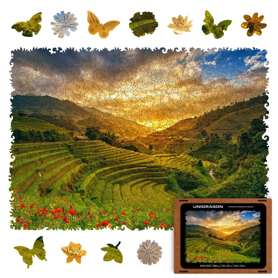 Rice Fields wooden travel puzzle — front view with vivid artwork