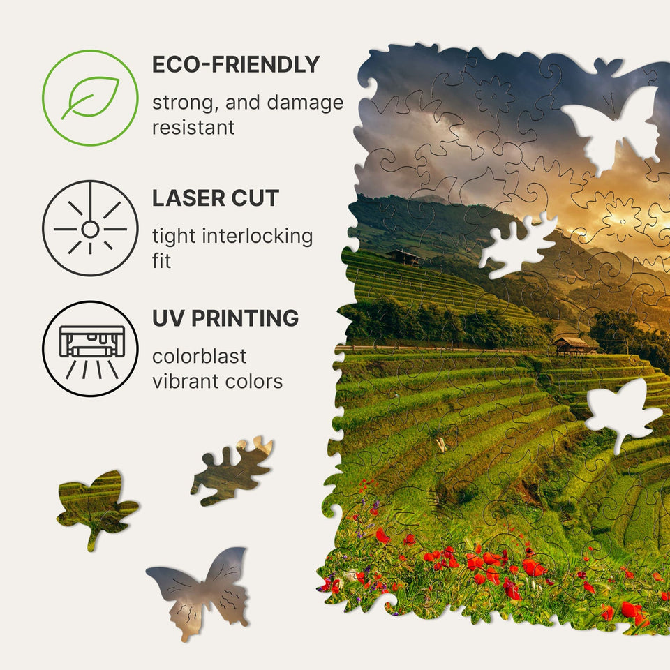 Rice Fields wooden travel puzzle — hand holding wooden puzzle piece detail