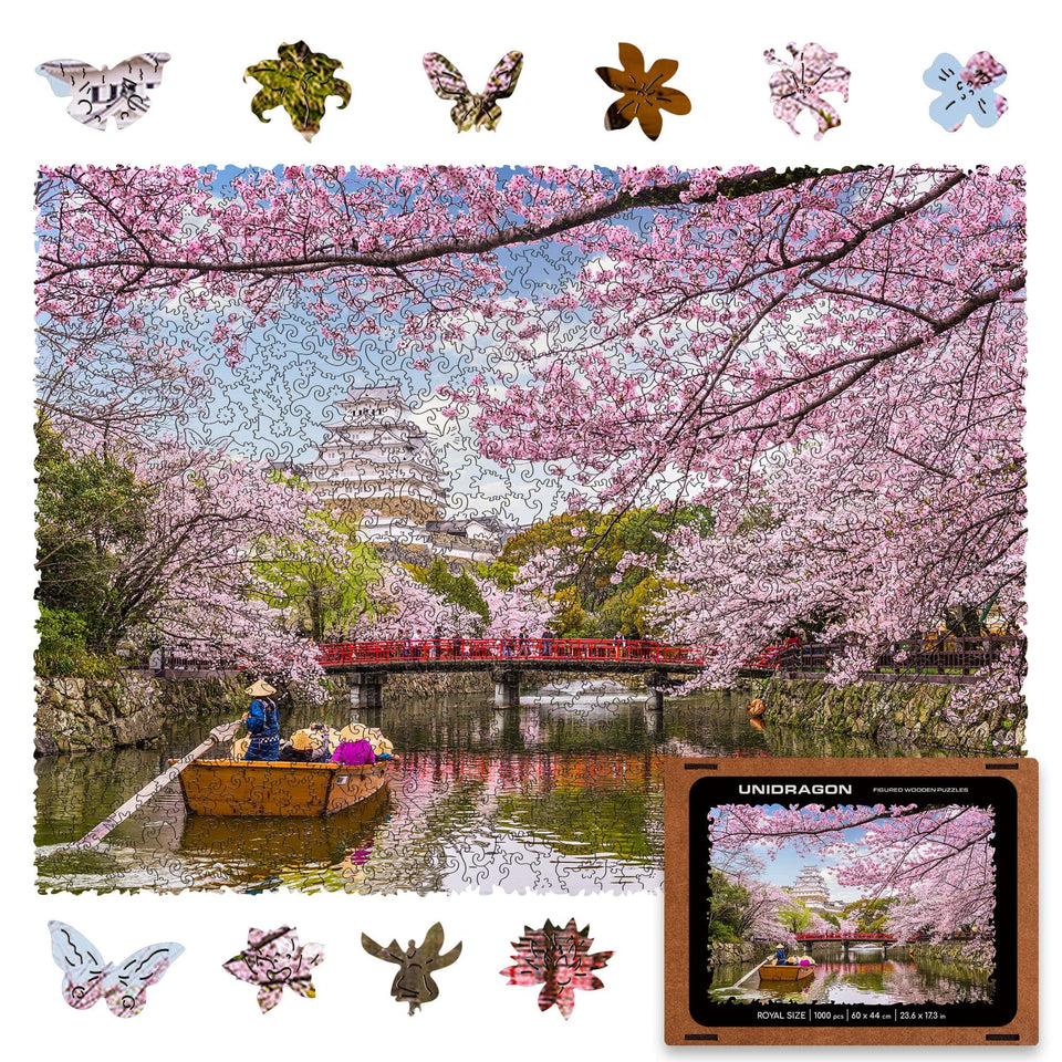 WOOSAIC Sakura Limited Edition wooden travel puzzle — front view with vivid artwork